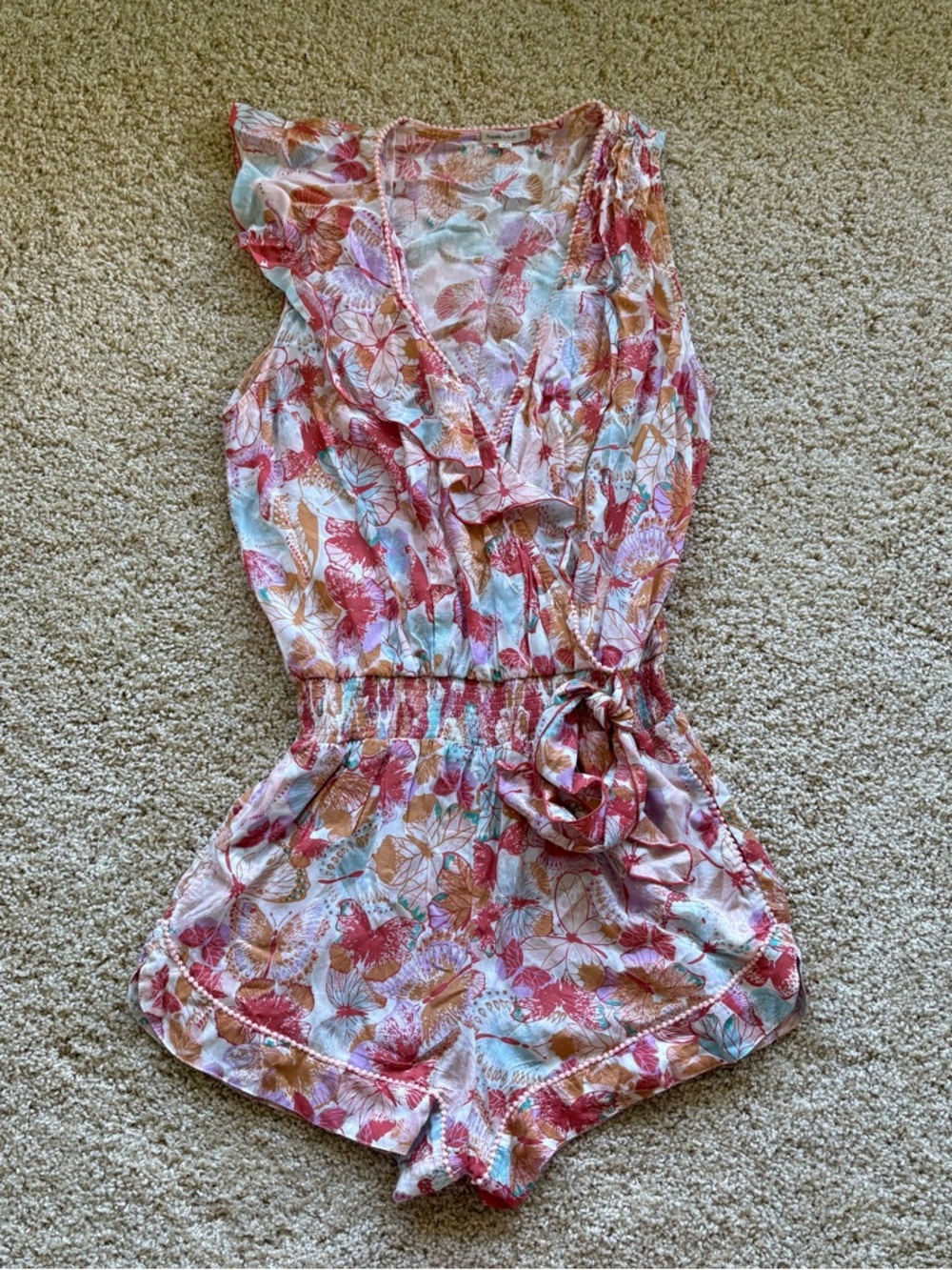 Poupette St. Barth Butterfly Print Romper Small Ruffle Tie Waist Boho Resort‎